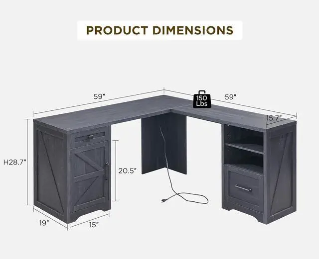 Alt view image 2 of 6 - 59" Home Office Desk, Modern Farmhouse Computer Desk with File Cabinet Letter T4 F4 Legal, Study Writing Desk, 59 Inch, Cool Black