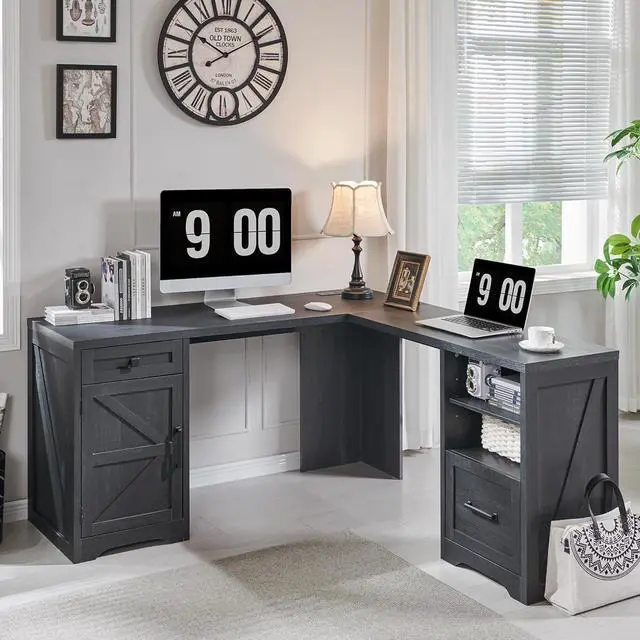 Alt view image 3 of 6 - 59" Home Office Desk, Modern Farmhouse Computer Desk with File Cabinet Letter T4 F4 Legal, Study Writing Desk, 59 Inch, Cool Black