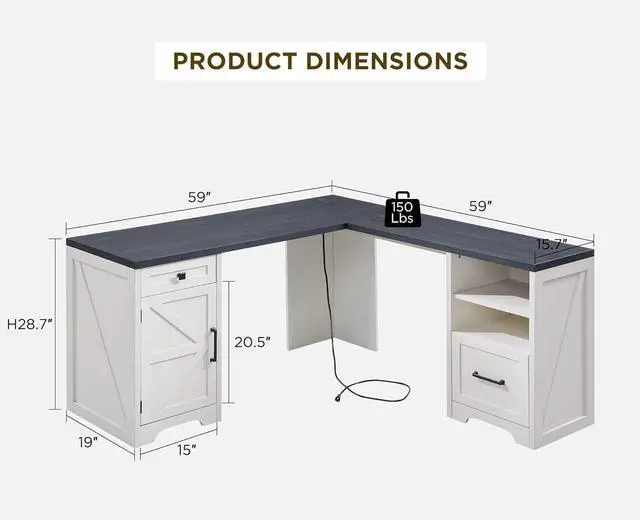 Alt view image 2 of 7 - 59" Home Office Desk, Modern Farmhouse Computer Desk with File Cabinet Letter T4 F4 Legal, Study Writing Desk, 59 Inch, Off White