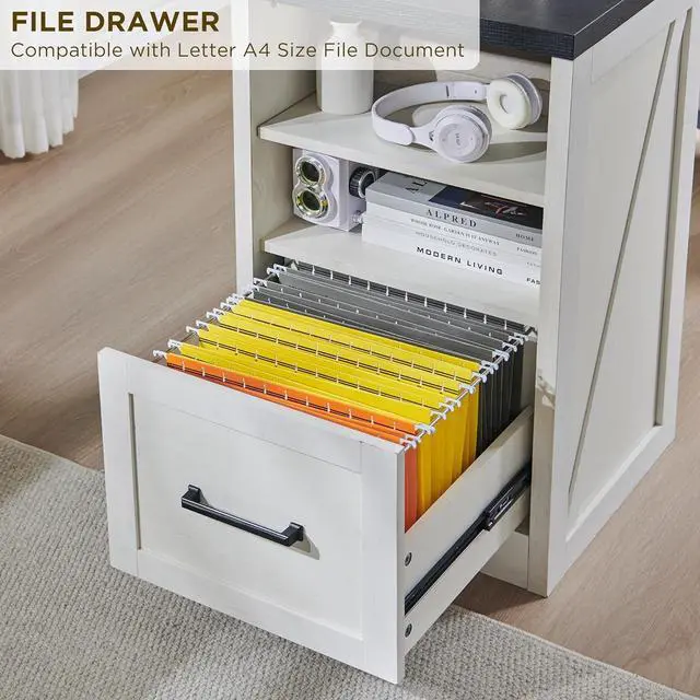 Alt view image 5 of 7 - 59" Home Office Desk, Modern Farmhouse Computer Desk with File Cabinet Letter T4 F4 Legal, Study Writing Desk, 59 Inch, Off White