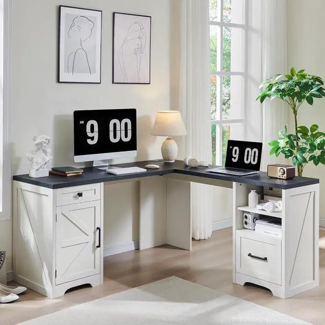 Main image of 59" Home Office Desk, Modern Farmhouse Computer Desk with File Cabinet Letter T4 F4 Legal, Study Writing Desk, 59 Inch, Off White