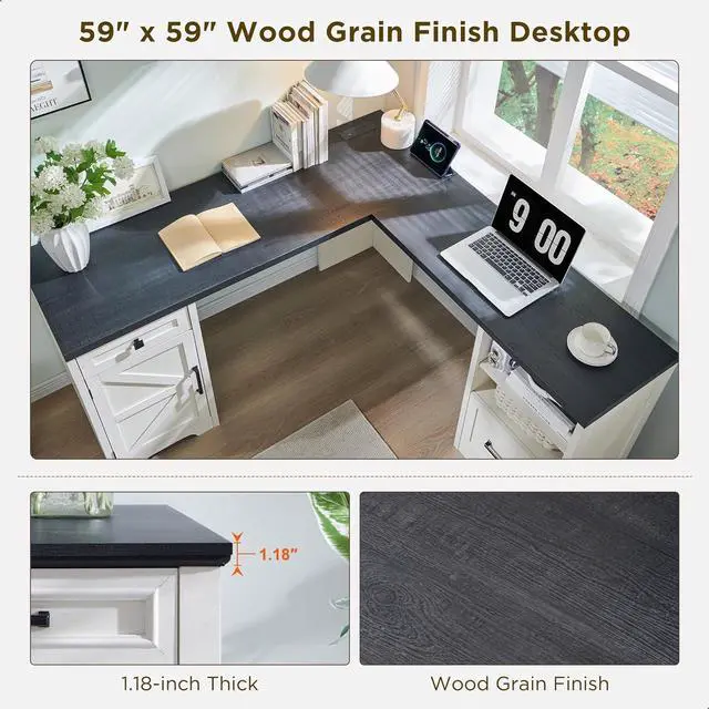 Alt view image 4 of 7 - 59" Home Office Desk, Modern Farmhouse Computer Desk with File Cabinet Letter T4 F4 Legal, Study Writing Desk, 59 Inch, Off White