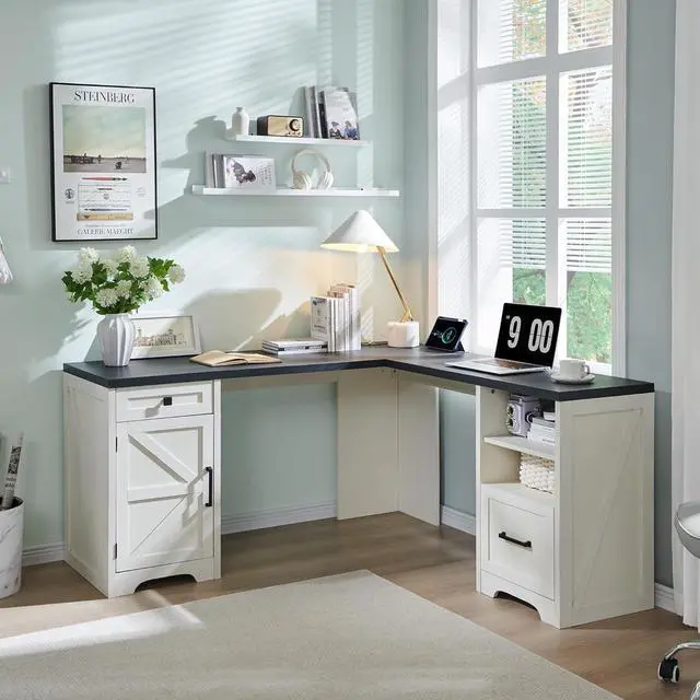Alt view image 3 of 7 - 59" Home Office Desk, Modern Farmhouse Computer Desk with File Cabinet Letter T4 F4 Legal, Study Writing Desk, 59 Inch, Off White