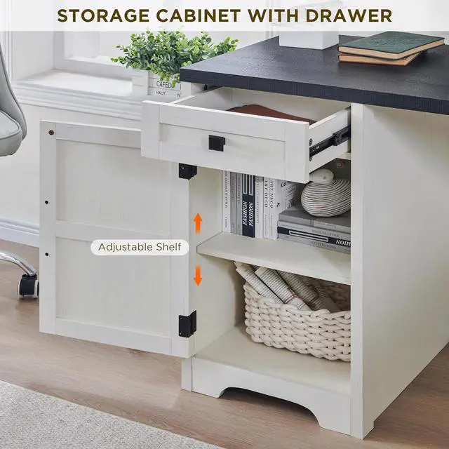 Alt view image 6 of 7 - 59" Home Office Desk, Modern Farmhouse Computer Desk with File Cabinet Letter T4 F4 Legal, Study Writing Desk, 59 Inch, Off White