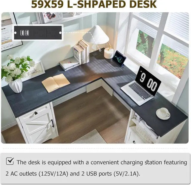 Alt view image 7 of 7 - 59" Home Office Desk, Modern Farmhouse Computer Desk with File Cabinet Letter T4 F4 Legal, Study Writing Desk, 59 Inch, Off White