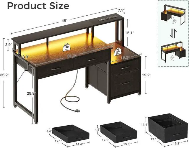 Alt view image 2 of 7 - 48" Computer Desk with 4 Drawers, 48 Inch Reversible Desk with Led Lights & Power Outlet, Office Desk with File Drawer & Monitor Stand, Work Table for Home Office, Black