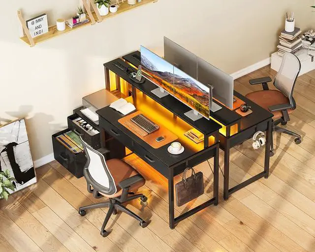 Alt view image 6 of 7 - 48" Computer Desk with 4 Drawers, 48 Inch Reversible Desk with Led Lights & Power Outlet, Office Desk with File Drawer & Monitor Stand, Work Table for Home Office, Black
