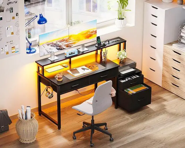 Alt view image 7 of 7 - 48" Computer Desk with 4 Drawers, 48 Inch Reversible Desk with Led Lights & Power Outlet, Office Desk with File Drawer & Monitor Stand, Work Table for Home Office, Black