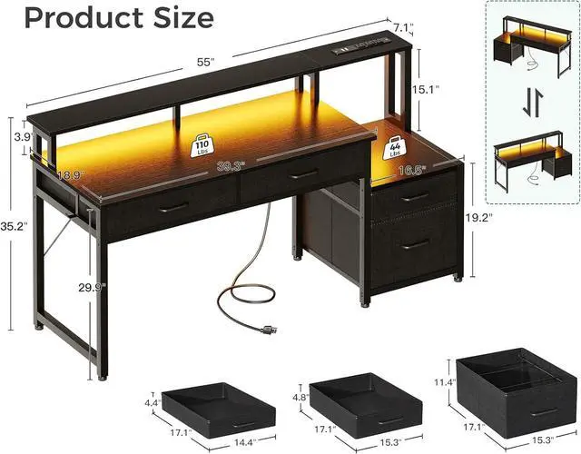 Alt view image 2 of 5 - 55" Computer Desk with 4 Drawers, 55 Inch Reversible Desk with Led Lights & Power Outlet, Office Desk with File Drawer & Monitor Stand, Work Table for Home Office, Black
