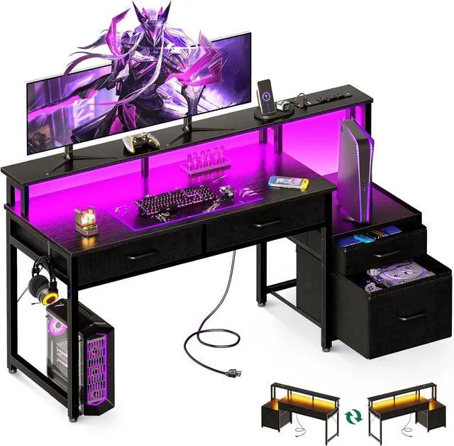 Main image of 55" Computer Desk with 4 Drawers, 55 Inch Reversible Desk with Led Lights & Power Outlet, Office Desk with File Drawer & Monitor Stand, Work Table for Home Office, Black