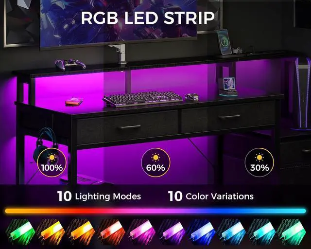 Alt view image 3 of 5 - 55" Computer Desk with 4 Drawers, 55 Inch Reversible Desk with Led Lights & Power Outlet, Office Desk with File Drawer & Monitor Stand, Work Table for Home Office, Black