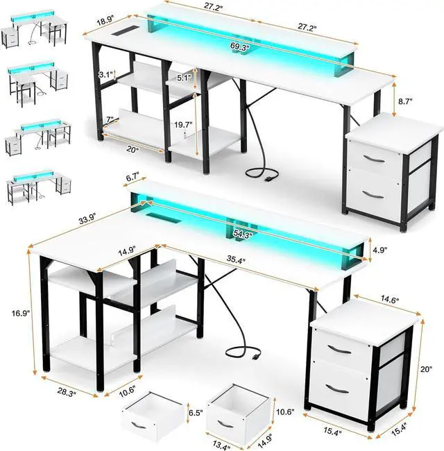 Alt view image 2 of 6 - 69.3" Long Computer Gaming Desk with Storage,Large Customizable Reversible L Shaped Office Desks with Power Outlets & LED Lights, Corner Gaming Table with Monitor Stand, White