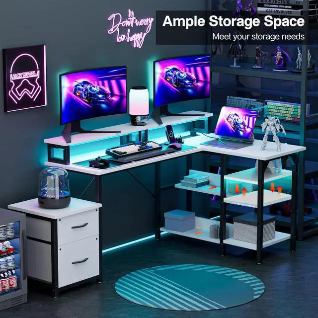 Alt view image 3 of 6 - 69.3" Long Computer Gaming Desk with Storage,Large Customizable Reversible L Shaped Office Desks with Power Outlets & LED Lights, Corner Gaming Table with Monitor Stand, White