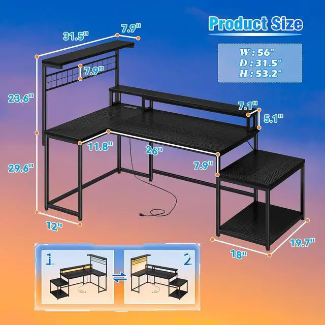 Alt view image 2 of 7 - 56" L Shaped Gaming Desk with Storage Shelf & Hooks,Computer Corner Desk with LED Lights & Power Outlets,Gaming Table with Monitor Stand & Print Stand for for Bedroom,Home Office,Black