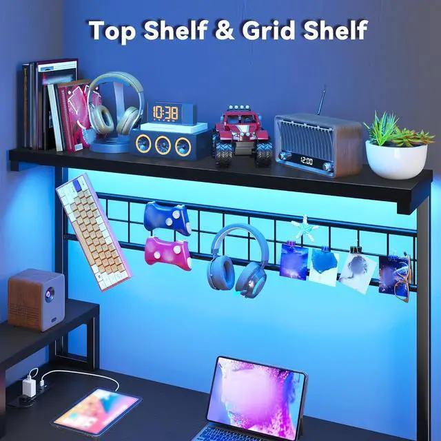 Alt view image 6 of 7 - 56" L Shaped Gaming Desk with Storage Shelf & Hooks,Computer Corner Desk with LED Lights & Power Outlets,Gaming Table with Monitor Stand & Print Stand for for Bedroom,Home Office,Black