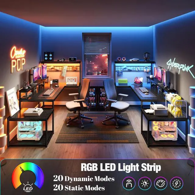 Alt view image 3 of 7 - 56" L Shaped Gaming Desk with Storage Shelf & Hooks,Computer Corner Desk with LED Lights & Power Outlets,Gaming Table with Monitor Stand & Print Stand for for Bedroom,Home Office,Black