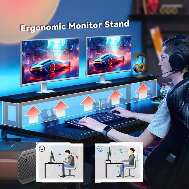 Alt view image 5 of 7 - 56" L Shaped Gaming Desk with Storage Shelf & Hooks,Computer Corner Desk with LED Lights & Power Outlets,Gaming Table with Monitor Stand & Print Stand for for Bedroom,Home Office,Black