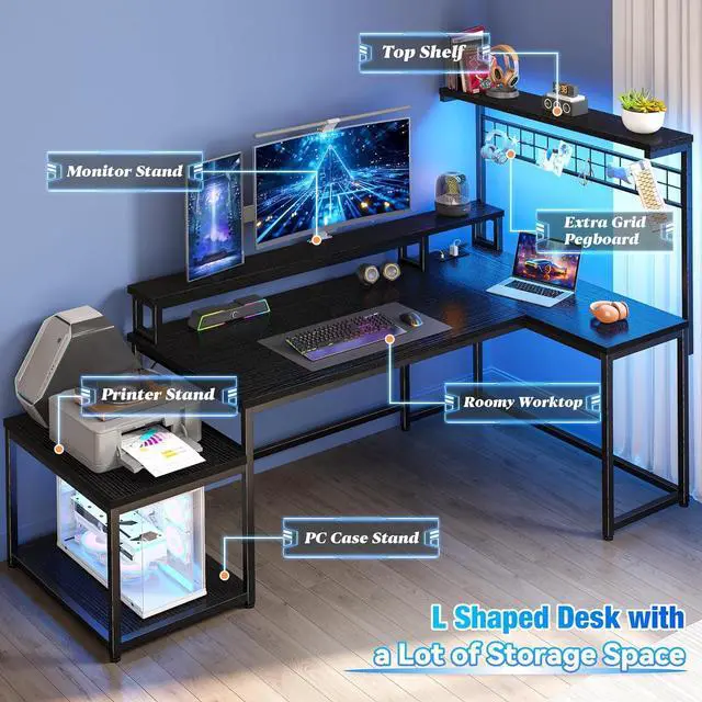 Alt view image 7 of 7 - 56" L Shaped Gaming Desk with Storage Shelf & Hooks,Computer Corner Desk with LED Lights & Power Outlets,Gaming Table with Monitor Stand & Print Stand for for Bedroom,Home Office,Black