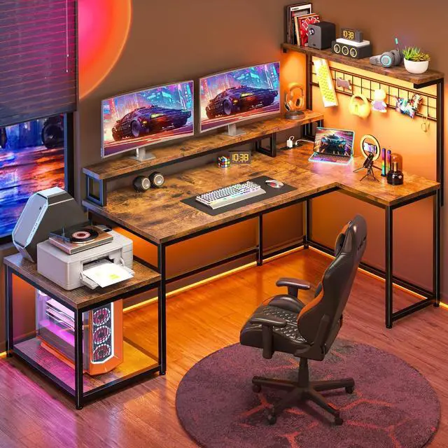 Main image of 63" L Shaped Gaming Desk with Storage Shelf & Hooks,Computer Corner Desk with LED Lights & Power Outlets,Gaming Table with Monitor Stand & Print Stand for Bedroom,Office,Rustic Brown