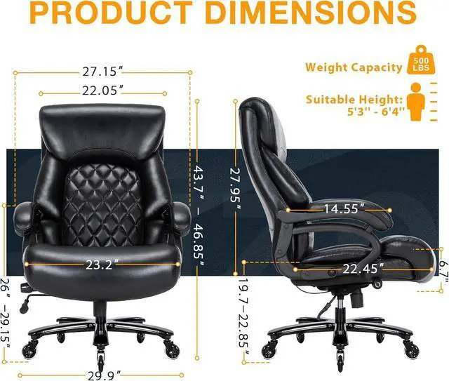 Alt view image 6 of 7 - Big and Tall Office Chair for Heavy People, 500LBS High Back Extra Wide Heavy Duty Executive Office Chair Comfortable for Home Office, Large Computer Desk Chair with Adjustable Lumbar Support Black