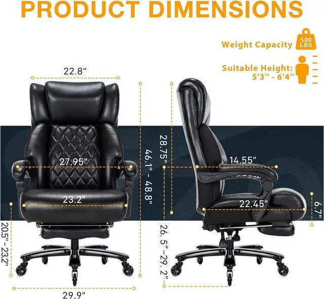 Alt view image 2 of 7 - 500 LBS Big and Tall Office Chair with Foot Rest High Back Recline Ergonomic Chair for Heavy People, Executive Office Chair Comfortable for Home Office, Large Computer Desk Chair Black