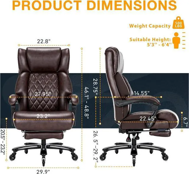 Alt view image 2 of 7 - 500 LBS Big and Tall Office Chair with Foot Rest High Back Recline Ergonomic Chair for Heavy People, Executive Office Chair Comfortable for Home Office, Large Computer Desk Chair Brown