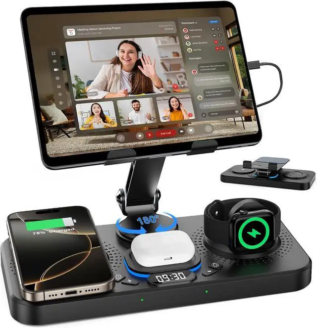 Main image of Charging Station for Apple Products, Foldable Wireless Charger with Clock Display& 7 Color Ambient Light, for iPad/Tablet Charging Station for iPhone16/15/14, for Apple Watch10/9 for AirPods4/3(Black)