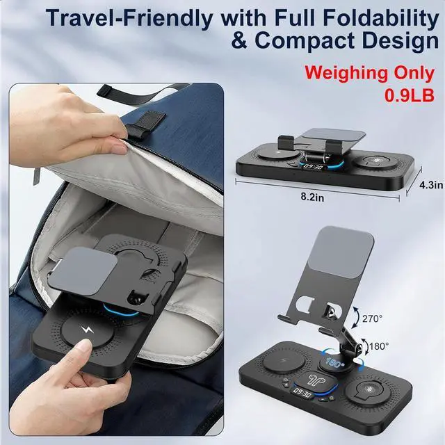 Alt view image 5 of 7 - Charging Station for Apple Products, Foldable Wireless Charger with Clock Display& 7 Color Ambient Light, for iPad/Tablet Charging Station for iPhone16/15/14, for Apple Watch10/9 for AirPods4/3(Black)