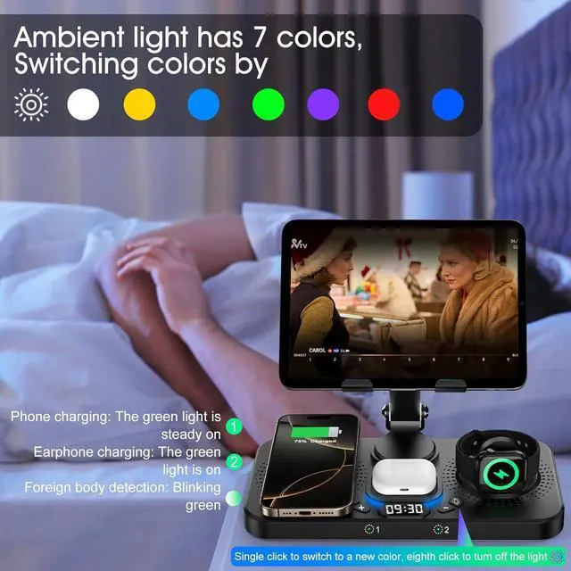 Alt view image 3 of 7 - Charging Station for Apple Products, Foldable Wireless Charger with Clock Display& 7 Color Ambient Light, for iPad/Tablet Charging Station for iPhone16/15/14, for Apple Watch10/9 for AirPods4/3(Black)