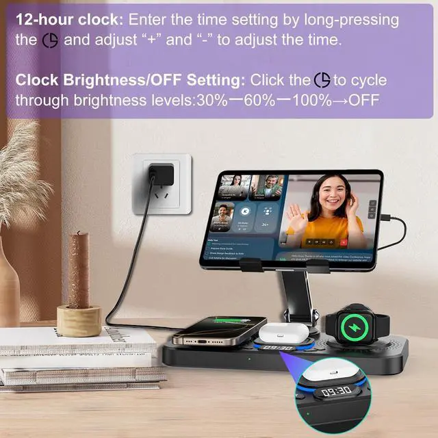 Alt view image 4 of 7 - Charging Station for Apple Products, Foldable Wireless Charger with Clock Display& 7 Color Ambient Light, for iPad/Tablet Charging Station for iPhone16/15/14, for Apple Watch10/9 for AirPods4/3(Black)
