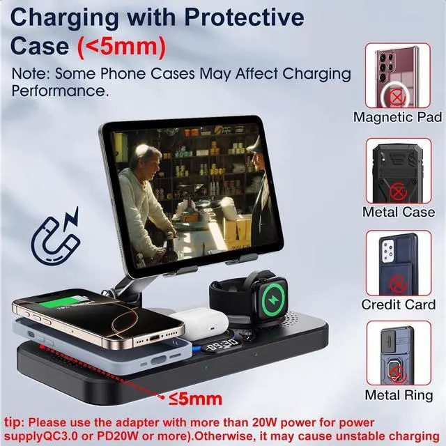 Alt view image 6 of 7 - Charging Station for Apple Products, Foldable Wireless Charger with Clock Display& 7 Color Ambient Light, for iPad/Tablet Charging Station for iPhone16/15/14, for Apple Watch10/9 for AirPods4/3(Black)
