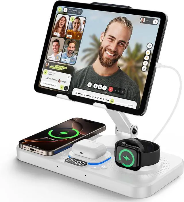 Main image of 6 in 1 Wireless Charger for Apple Device, Foldable Charging Station for ipad with Clock Display & 7 Color Ambient Light, Wireless Stand Charger for iWatch Series/iPhone 16/15/14/AirPods 4/3(White)