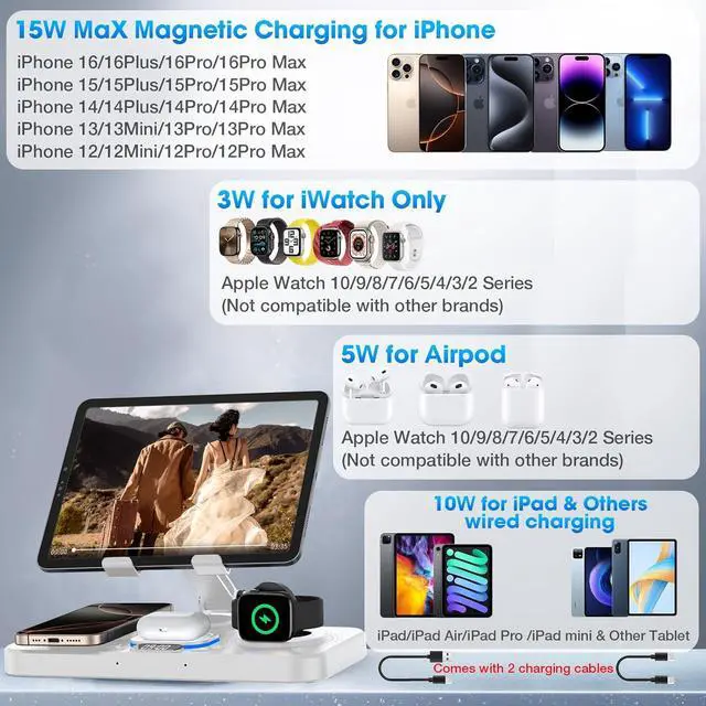 Alt view image 2 of 7 - 6 in 1 Wireless Charger for Apple Device, Foldable Charging Station for ipad with Clock Display & 7 Color Ambient Light, Wireless Stand Charger for iWatch Series/iPhone 16/15/14/AirPods 4/3(White)