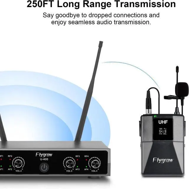Alt view image 2 of 7 - Pro UHF 4 Channel Wireless Microphone System with Lapel Lavalier Mics, UHF Bodypack Cordless Lavalier Mic System Set, Auto Scan,Ideal for Home Karaoke Church Meeting, 250ft Range(4 Bodypack)