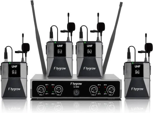 Main image of Pro UHF 4 Channel Wireless Microphone System with Lapel Lavalier Mics, UHF Bodypack Cordless Lavalier Mic System Set, Auto Scan,Ideal for Home Karaoke Church Meeting, 250ft Range(4 Bodypack)