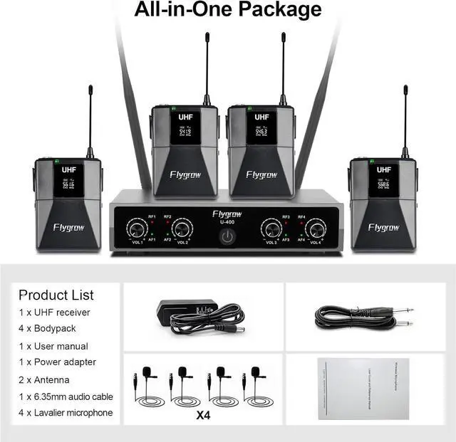Alt view image 7 of 7 - Pro UHF 4 Channel Wireless Microphone System with Lapel Lavalier Mics, UHF Bodypack Cordless Lavalier Mic System Set, Auto Scan,Ideal for Home Karaoke Church Meeting, 250ft Range(4 Bodypack)