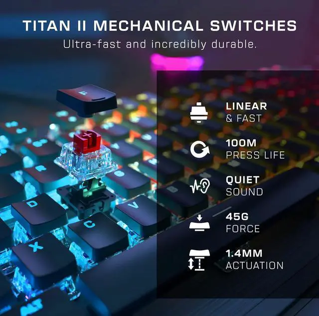 Alt view image 2 of 6 - Turtle Beach Vulcan II  Full-Size PC Gaming Keyboard, Titan II Mechanical Switches, Customizable RGB Illuminated Keys, Detachable Palm Rest, Media Controls, Aluminum Top Plate, Numpad  Black
