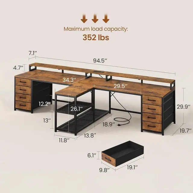 Alt view image 2 of 7 - 94.5" 2 Person Gaming Desk, Long Office Computer Desk with 8 Drawers & LED Lights, Two Person Desk with Storage, Power Strip & Monitor Stand for Home Office, Rustic Brown