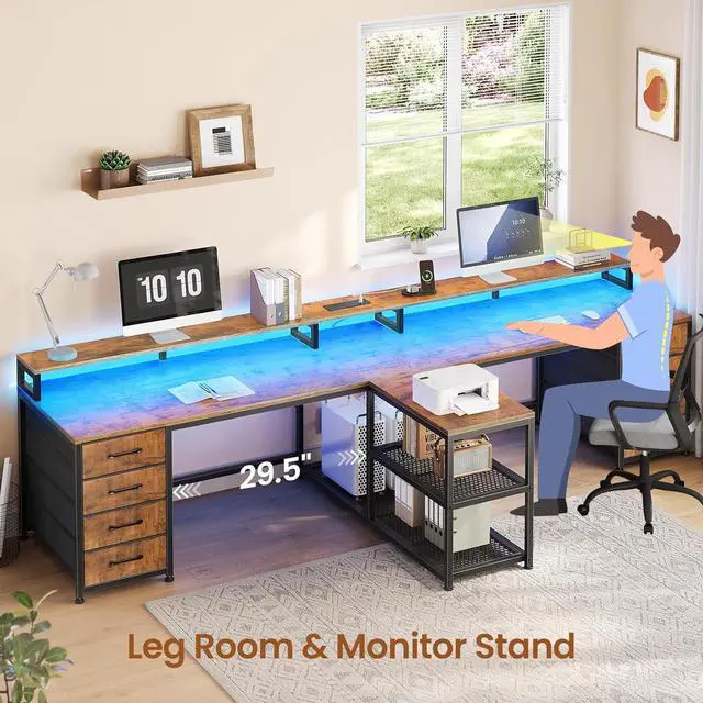 Alt view image 6 of 7 - 94.5" 2 Person Gaming Desk, Long Office Computer Desk with 8 Drawers & LED Lights, Two Person Desk with Storage, Power Strip & Monitor Stand for Home Office, Rustic Brown