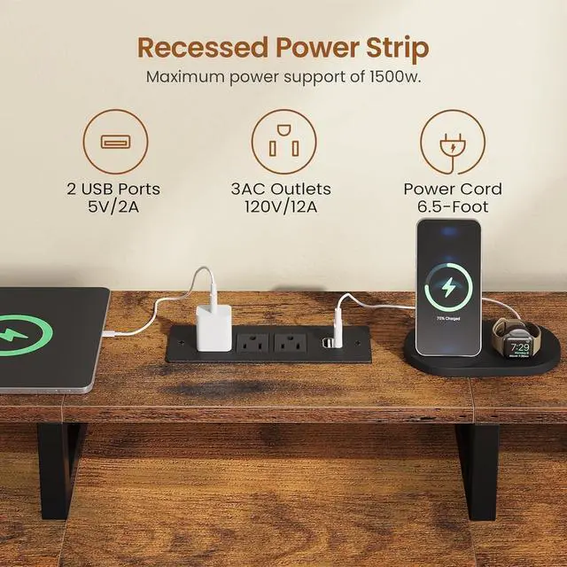Alt view image 7 of 7 - 94.5" 2 Person Gaming Desk, Long Office Computer Desk with 8 Drawers & LED Lights, Two Person Desk with Storage, Power Strip & Monitor Stand for Home Office, Rustic Brown