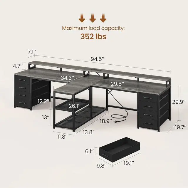 Alt view image 2 of 7 - 94.5" 2 Person Gaming Desk, Long Office Computer Desk with 8 Drawers & LED Lights, Two Person Desk with Storage, Power Strip & Monitor Stand for Home Office, Grey