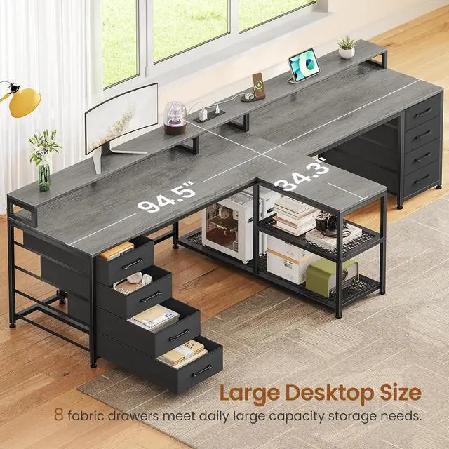 Alt view image 3 of 7 - 94.5" 2 Person Gaming Desk, Long Office Computer Desk with 8 Drawers & LED Lights, Two Person Desk with Storage, Power Strip & Monitor Stand for Home Office, Grey