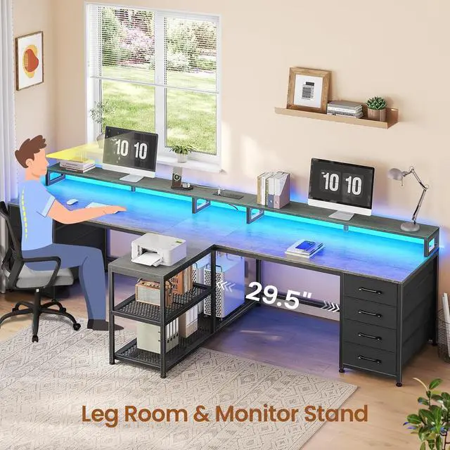 Alt view image 7 of 7 - 94.5" 2 Person Gaming Desk, Long Office Computer Desk with 8 Drawers & LED Lights, Two Person Desk with Storage, Power Strip & Monitor Stand for Home Office, Grey