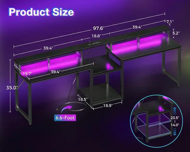 Alt view image 2 of 7 - 98" 2 Person Gaming Desk with Storage Shelves- Long Double Home Office Computer Desks with USB Charging Port & LED Lights, Writing Desk with Monitor Stand, Modern Study/Work Table, Black