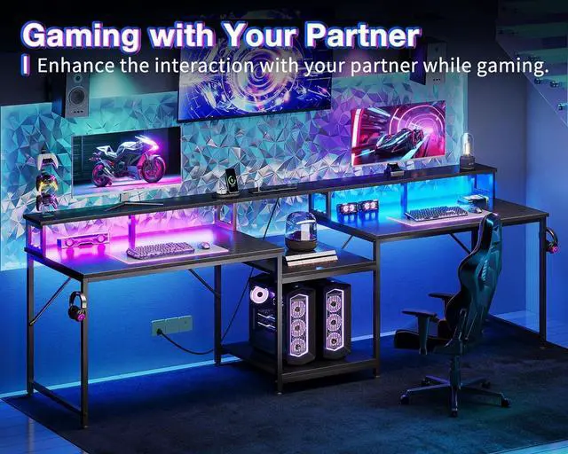 Alt view image 3 of 7 - 98" 2 Person Gaming Desk with Storage Shelves- Long Double Home Office Computer Desks with USB Charging Port & LED Lights, Writing Desk with Monitor Stand, Modern Study/Work Table, Black