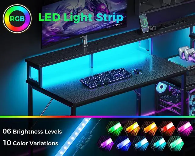 Alt view image 5 of 7 - 98" 2 Person Gaming Desk with Storage Shelves- Long Double Home Office Computer Desks with USB Charging Port & LED Lights, Writing Desk with Monitor Stand, Modern Study/Work Table, Black