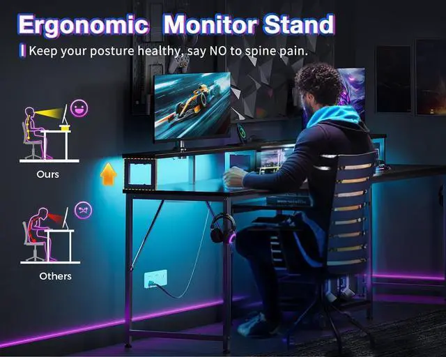 Alt view image 7 of 7 - 98" 2 Person Gaming Desk with Storage Shelves- Long Double Home Office Computer Desks with USB Charging Port & LED Lights, Writing Desk with Monitor Stand, Modern Study/Work Table, Black