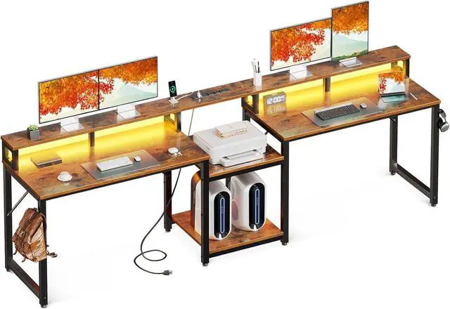 Main image of 98" 2 Person Gaming Desk with Storage Shelves- Long Double Home Office Computer Desks with USB Charging Port & LED Lights, Writing Desk with Monitor Stand, Modern Study/Work Table, Rustic Brown