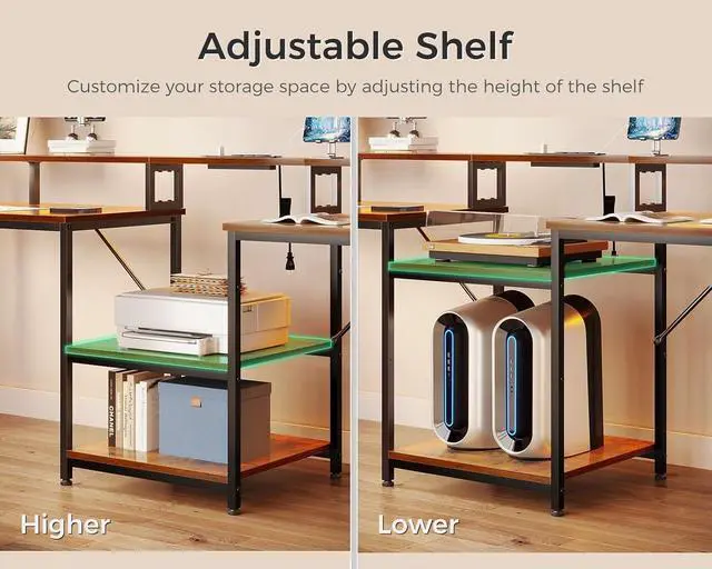 Alt view image 6 of 7 - 98" 2 Person Gaming Desk with Storage Shelves- Long Double Home Office Computer Desks with USB Charging Port & LED Lights, Writing Desk with Monitor Stand, Modern Study/Work Table, Rustic Brown