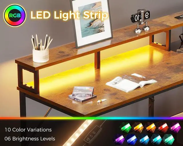 Alt view image 5 of 7 - 98" 2 Person Gaming Desk with Storage Shelves- Long Double Home Office Computer Desks with USB Charging Port & LED Lights, Writing Desk with Monitor Stand, Modern Study/Work Table, Rustic Brown